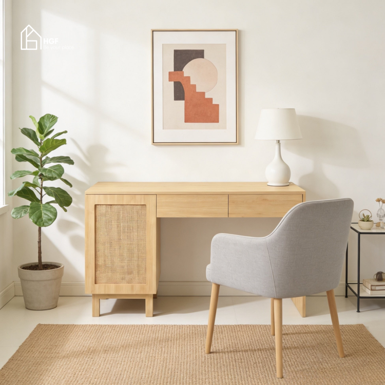 Bàn làm việc phối mây MEY HGF 1 cánh 2 hộc kéo, gỗ MDF, 100/120x50x75cm, BLV003