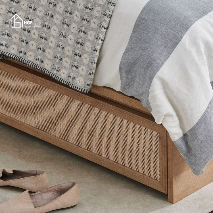 Giường ngủ phối mây MEY HGF 2 hộc kéo, gỗ MDF, 1m6/1m8, GN001