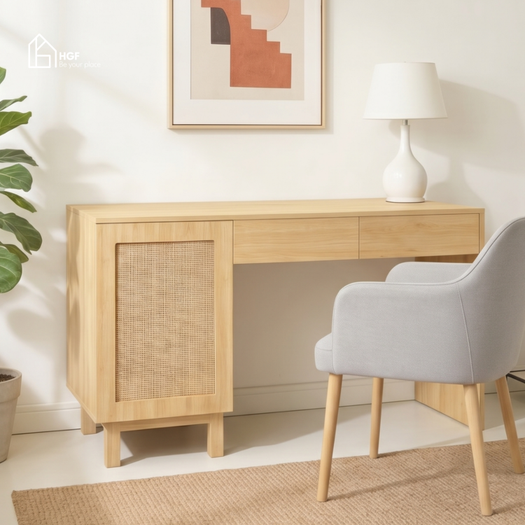 Bàn làm việc phối mây MEY HGF 1 cánh 2 hộc kéo, gỗ MDF, 100/120x50x75cm, BLV003