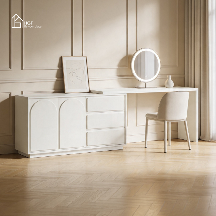 Bàn trang điểm ALY HGF 3 ngăn kéo 2 cánh bo cong, Gỗ MDF, 120x40x75cm, BTD004