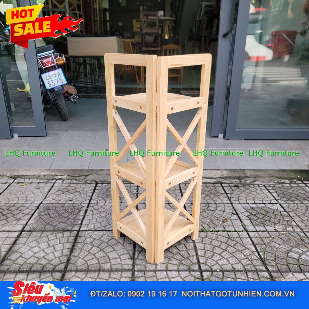 Kệ góc chữ X 3 tầng gỗ cao su tự nhiên 32x45x92cm