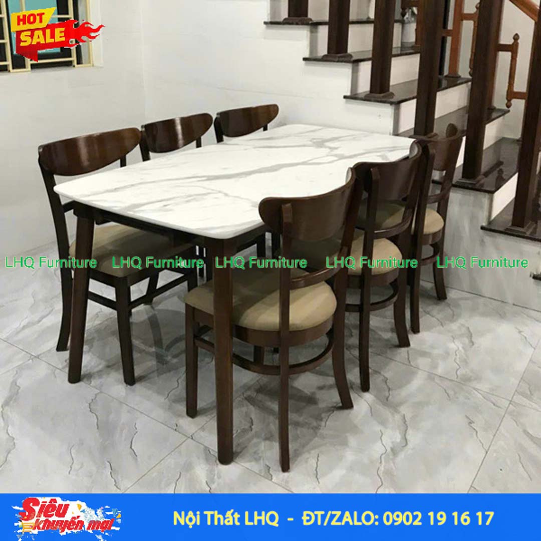 Bộ bàn 1m6 giả đá 6 ghế Panda – Màu tự nhiên và Walnut