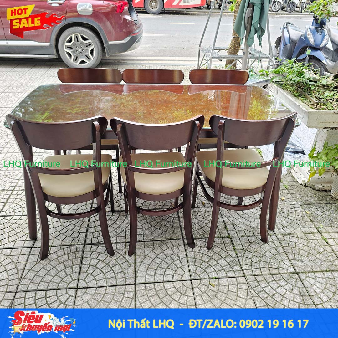 Bộ bàn 1m6 6 ghế Panda – Gỗ cao su, màu tự nhiên và walnut