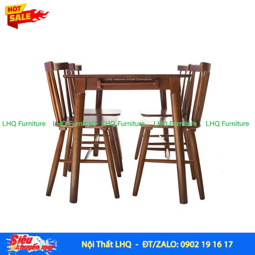 Bộ Bàn Ăn Song Tiền gỗ cao su tự nhiên hiện đại