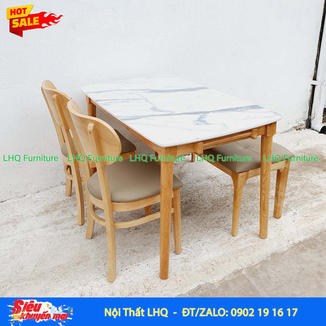 Bộ Bàn Ăn 2 Ghế Butter + 1 Bench Mặt Giả Đá 1m2