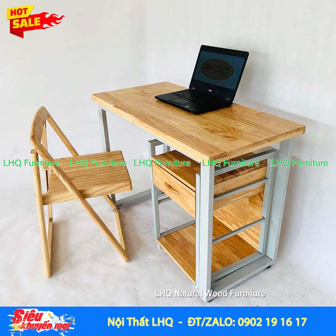 Bàn Làm Việc Chân Sắt Đơn 1m | Gỗ Cao Su Bền Đẹp, Hiện Đại