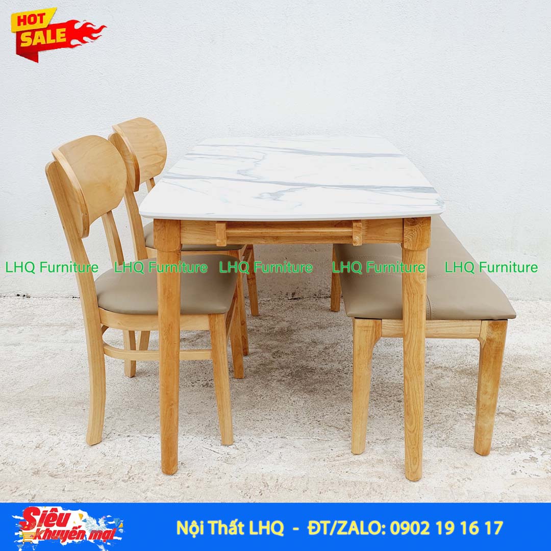 Bộ Bàn Ăn 2 Ghế Butter + 1 Bench Mặt Giả Đá 1m2