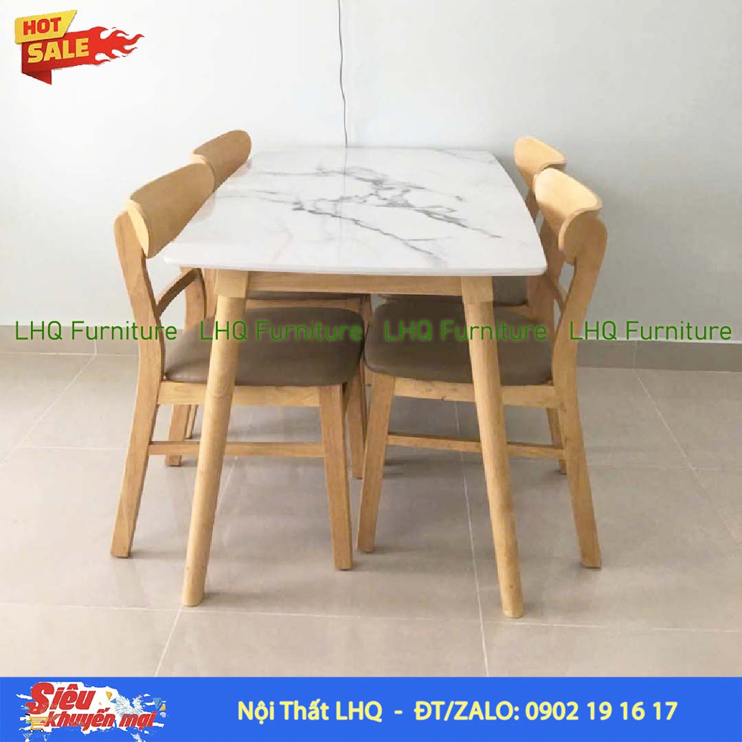 Bộ bàn ăn 1m2 giả đá 4 ghế Mango nệm – Gỗ cao su tự nhiên