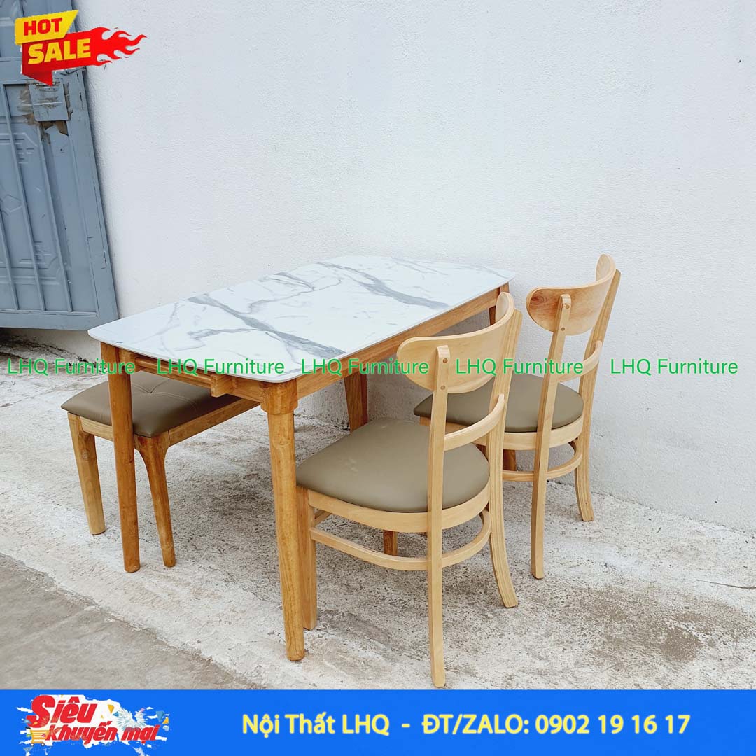 Bộ Bàn 1m2 Giả Đá 2 Ghế Panda + 1 Bench Mặt Nệm