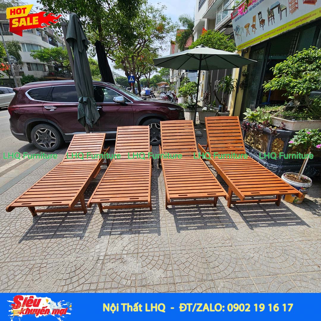 Giường Tắm Nắng Gỗ Bạch Đàn Ngoài Trời | Nội Thất LHQ