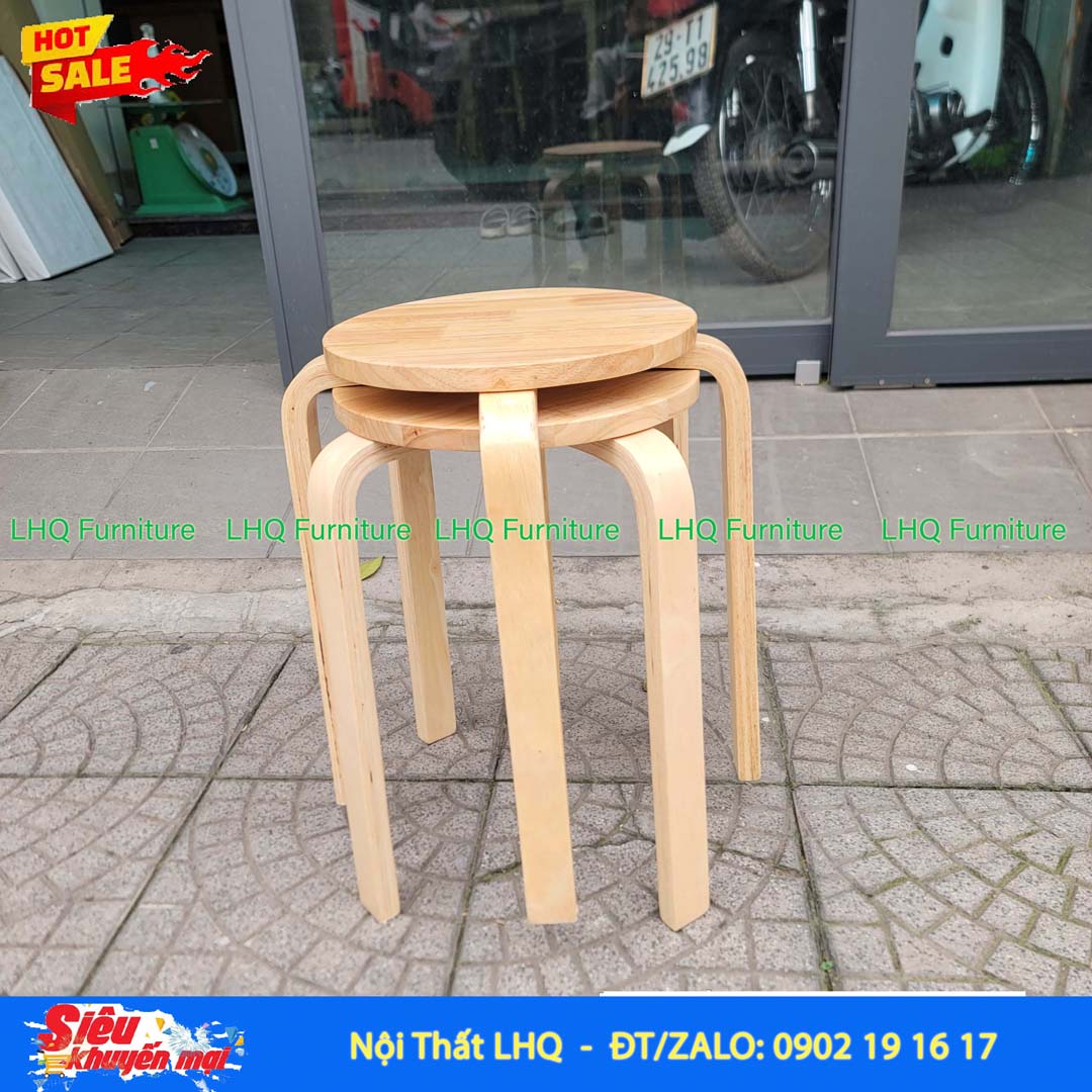 Ghế Đôn Tròn Chân Cong Gỗ Cao Su | Nội Thất LHQ