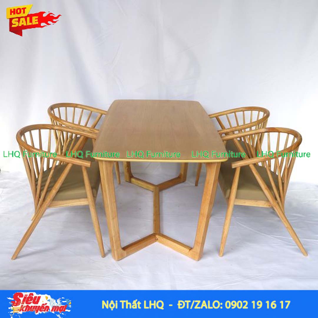 Bộ bàn ghế ăn 12 nan gỗ cao su tự nhiên đẹp