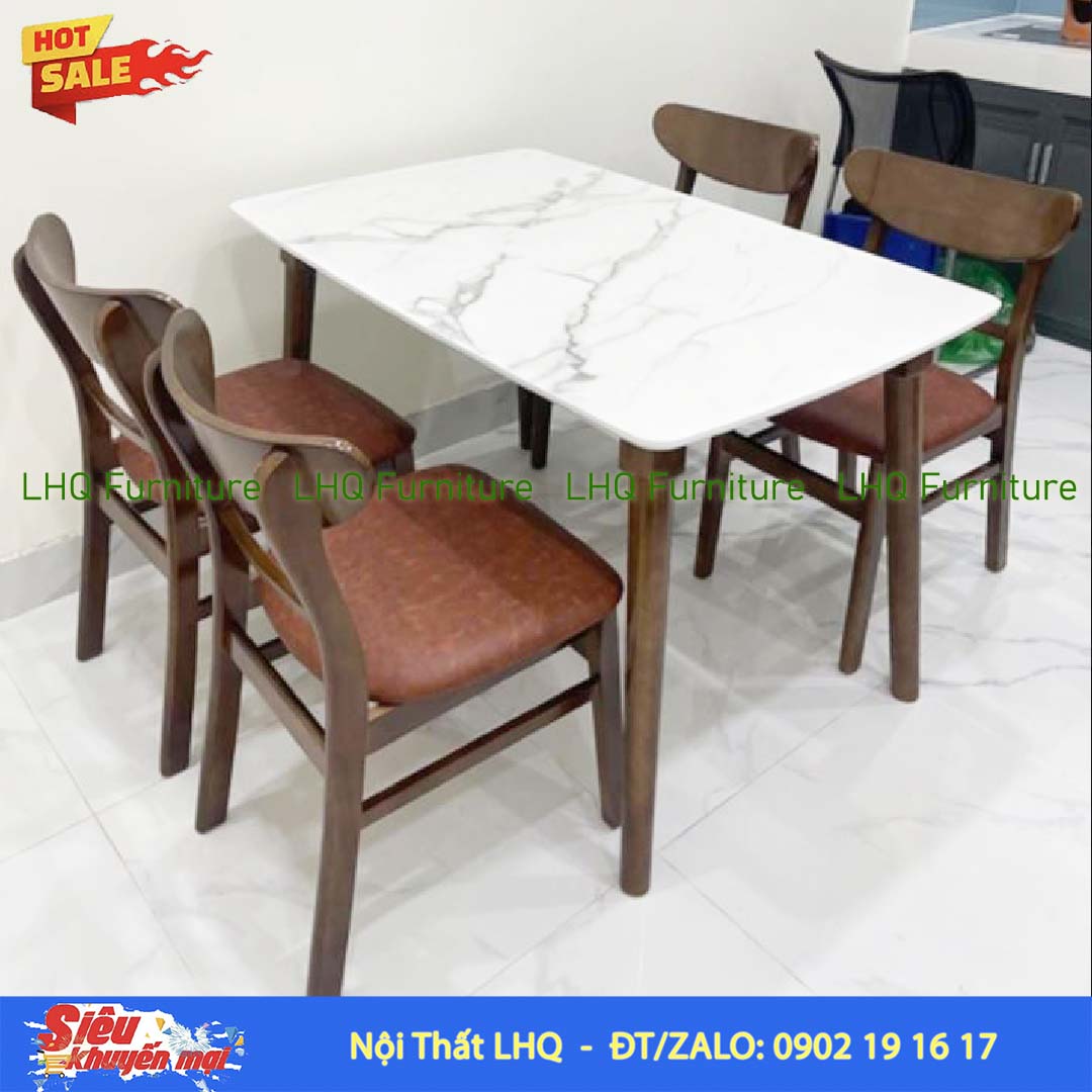 Bộ bàn ăn 1m2 giả đá 4 ghế Mango nệm – Gỗ cao su tự nhiên
