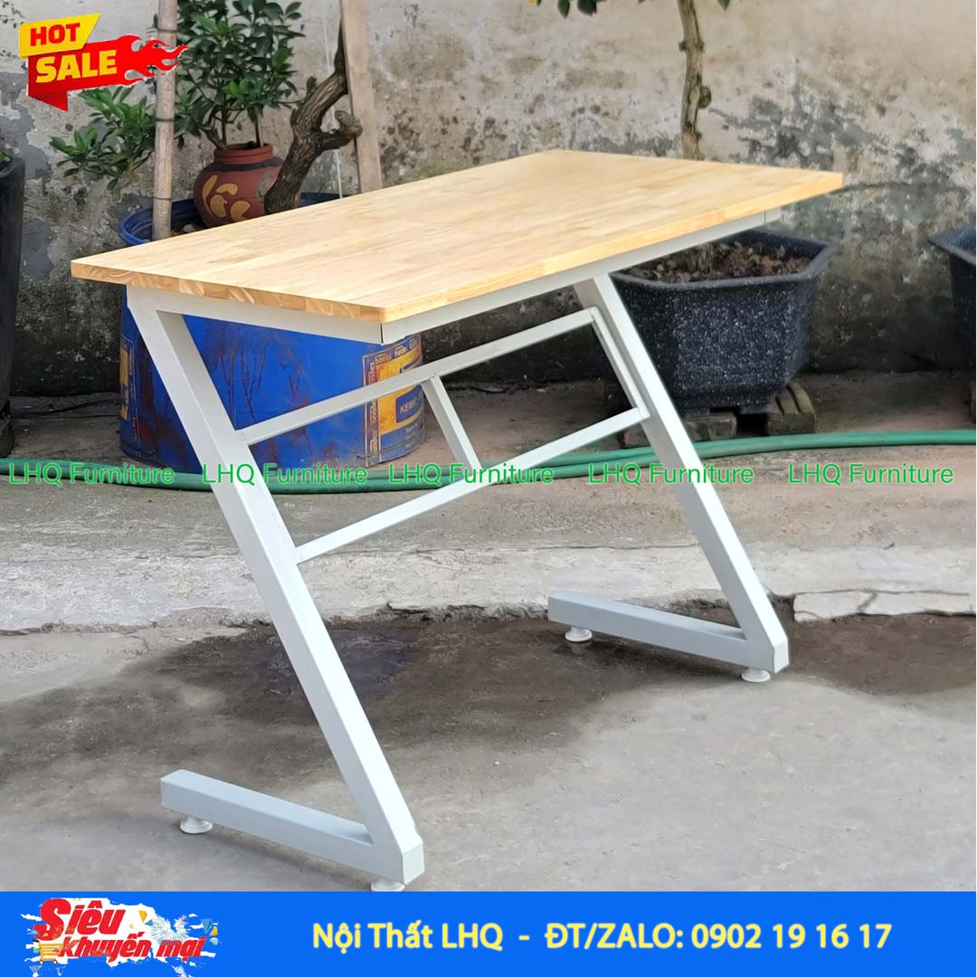Bàn học khung sắt chữ Z gỗ cao su tự nhiên 1m – 1m2