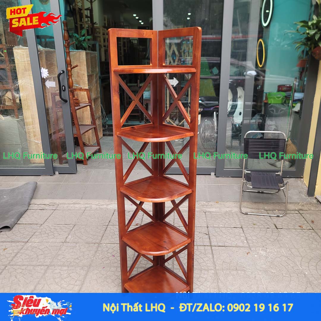 Kệ góc chữ X 5 tầng gỗ cao su tự nhiên 32x45x157cm