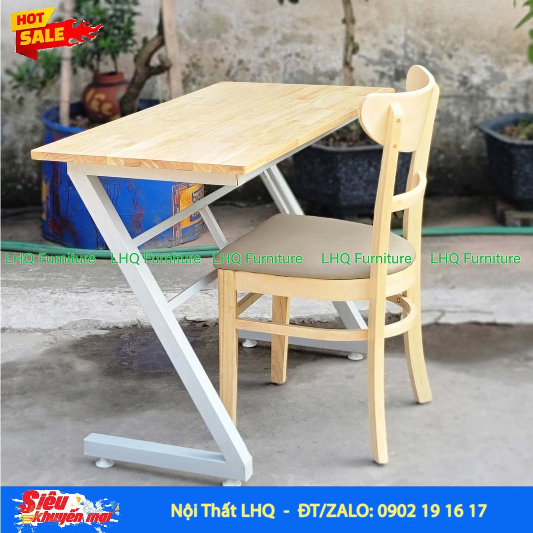 Bàn học khung sắt chữ Z gỗ cao su tự nhiên 1m – 1m2