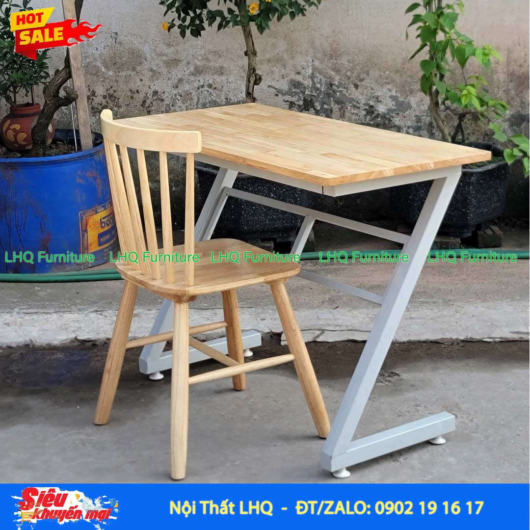 Bàn học khung sắt chữ Z gỗ cao su tự nhiên 1m – 1m2