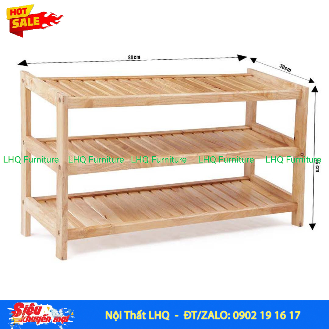 Kệ Để Giày Dép Gỗ 3 Tầng Rộng 80cm Gỗ Cao Su | Nội Thất LHQ