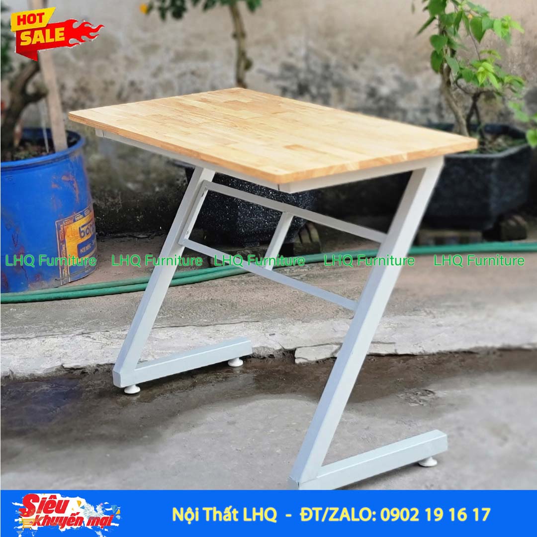 Bàn học khung sắt chữ Z gỗ cao su tự nhiên 1m – 1m2