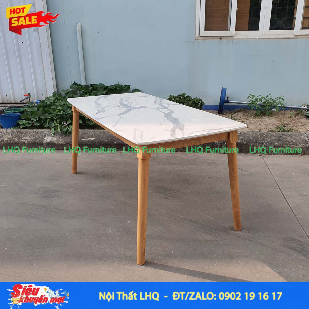 Bàn ăn chân tròn 1m6 giả đá gỗ cao su tự nhiên – Đẹp, rộng rãi