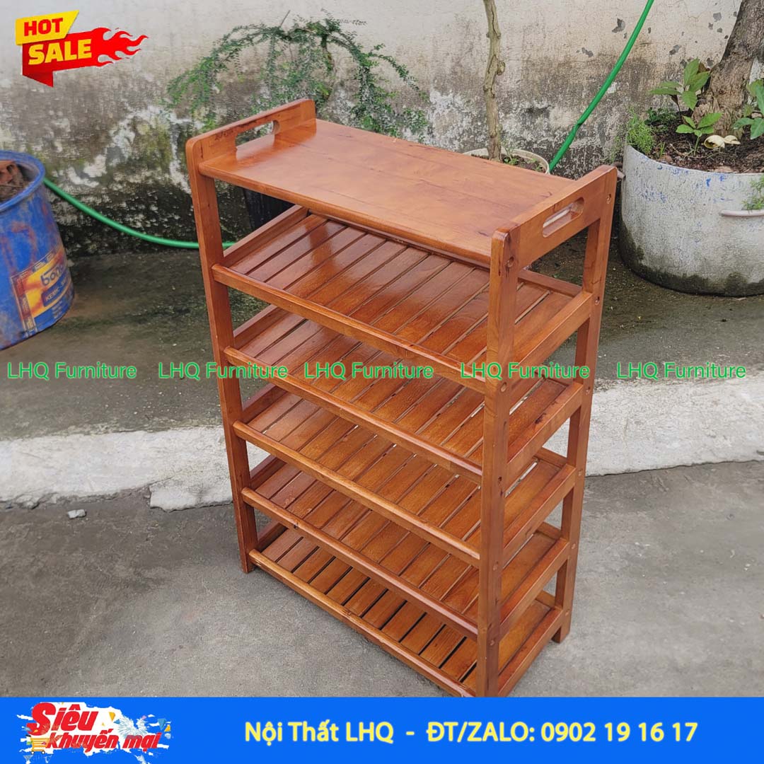 Kệ Để Giày Dép Có Quai Xách 6 Tầng Gỗ Cao Su