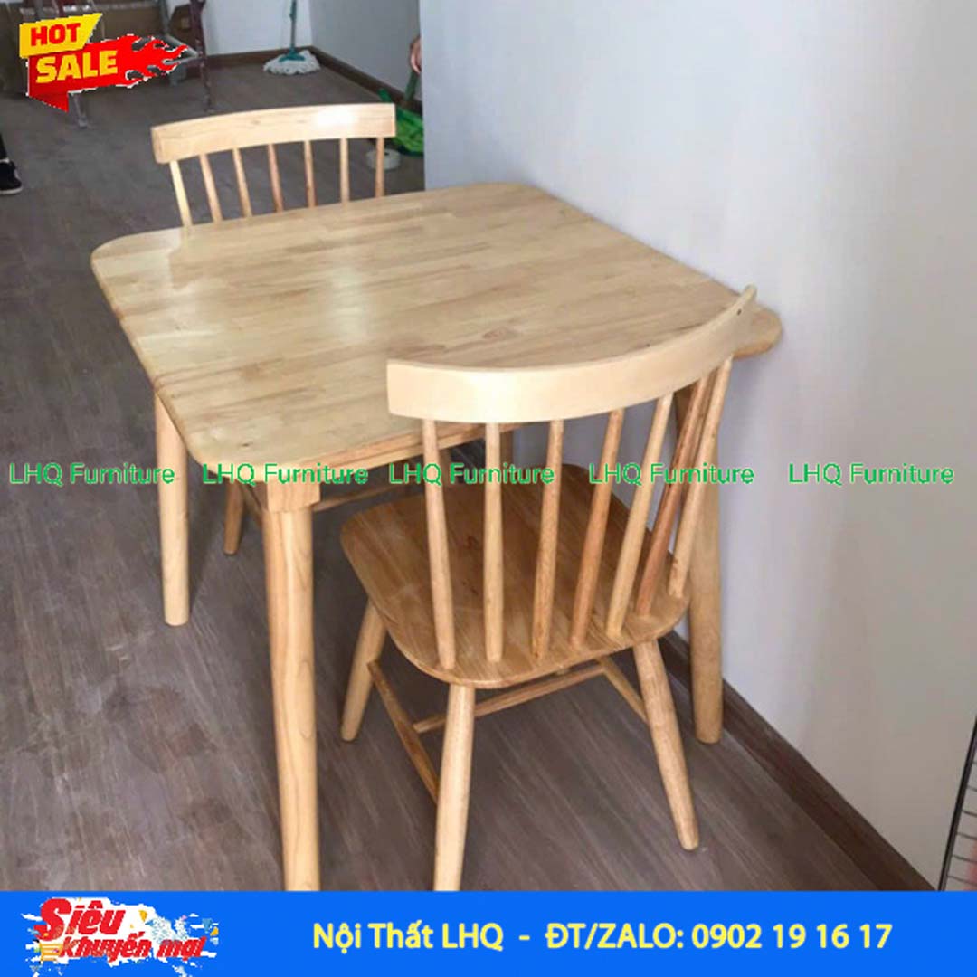 Bộ Bàn Ăn 2 Ghế Song Tiện 7 Nan Gỗ Cao Su – Bàn Vuông 80cm