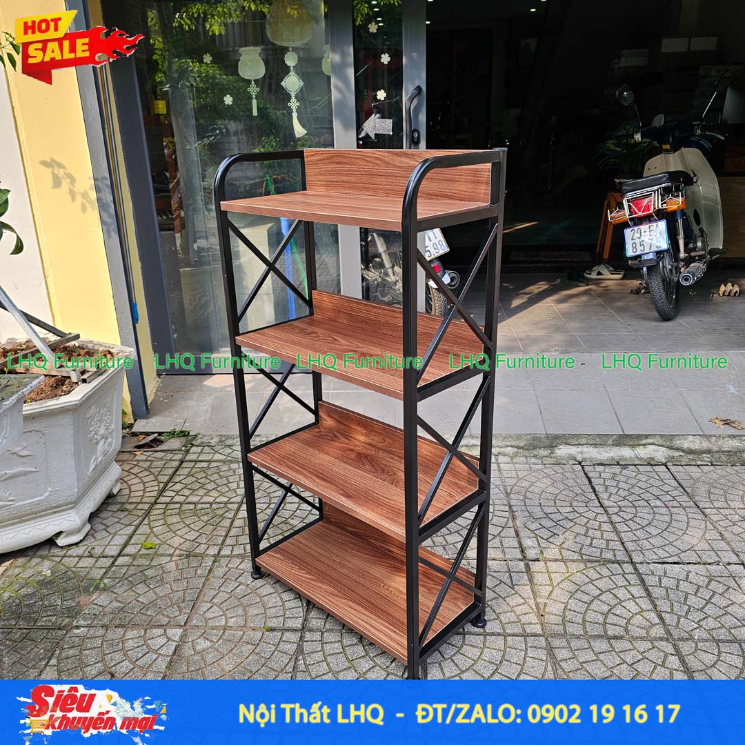 Kệ Sách Khung Sắt Gỗ Melamin 4T60 Decor Đẹp