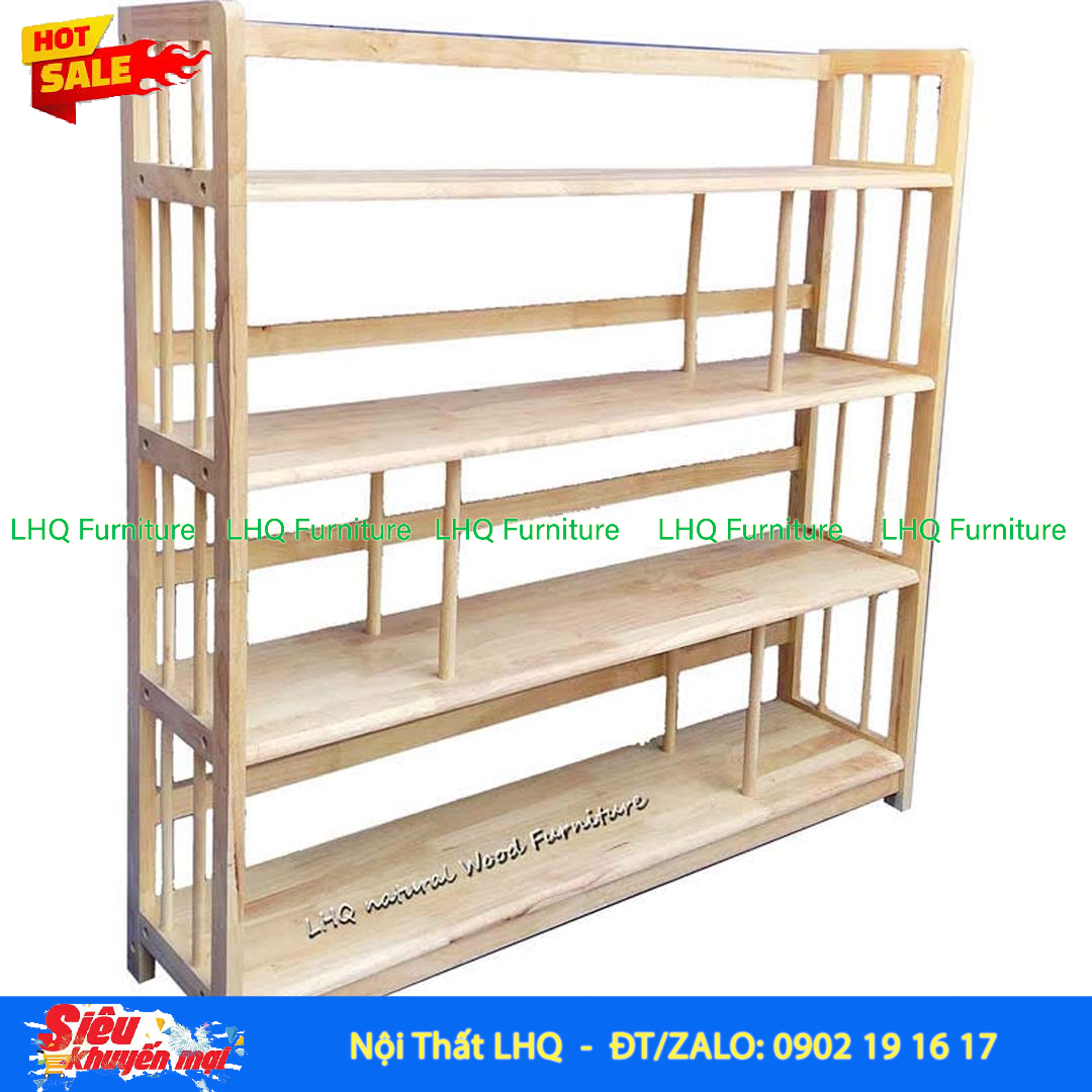 Kệ Sách Gỗ 4 Tầng Rộng 1m2 – Kệ Gỗ Cao Su Tự Nhiên Chắc Chắn, Chịu Lực Tốt