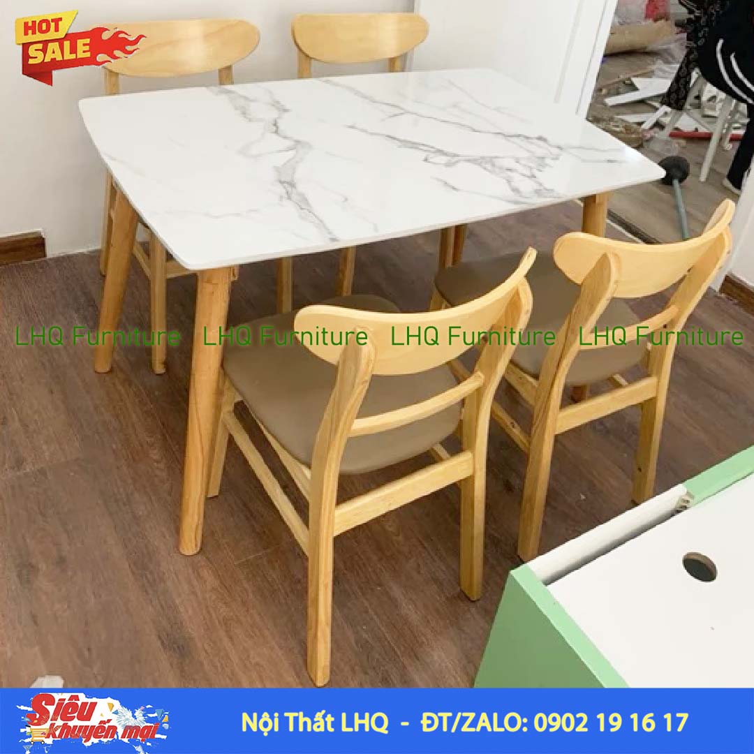 Bộ bàn ăn 1m2 giả đá 4 ghế Mango nệm – Gỗ cao su tự nhiên