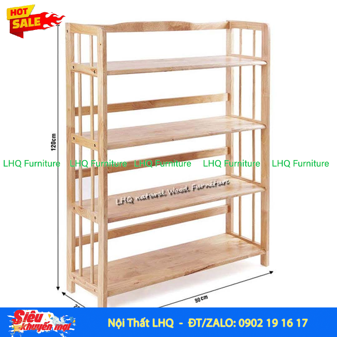 Kệ Sách Gỗ 4 Tầng Rộng 90cm – Kệ Sách Gỗ Cao Su Tự Nhiên Chắc Chắn, Đa Năng
