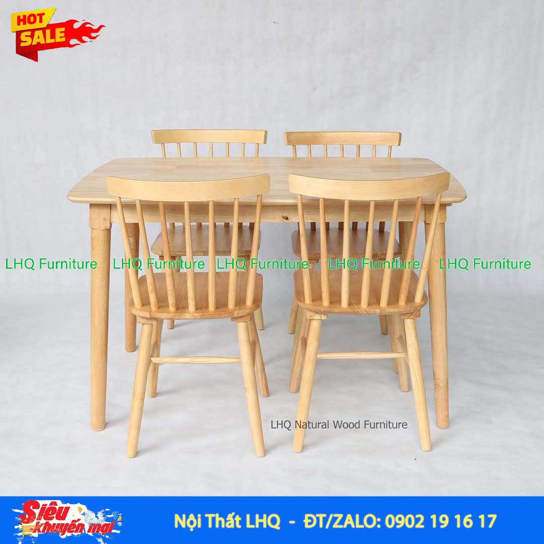 Bộ Bàn Ăn Song Tiền gỗ cao su tự nhiên hiện đại