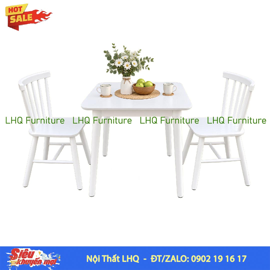 Bộ Bàn Ăn 2 Ghế Song Tiện 7 Nan Gỗ Cao Su – Bàn Vuông 80cm
