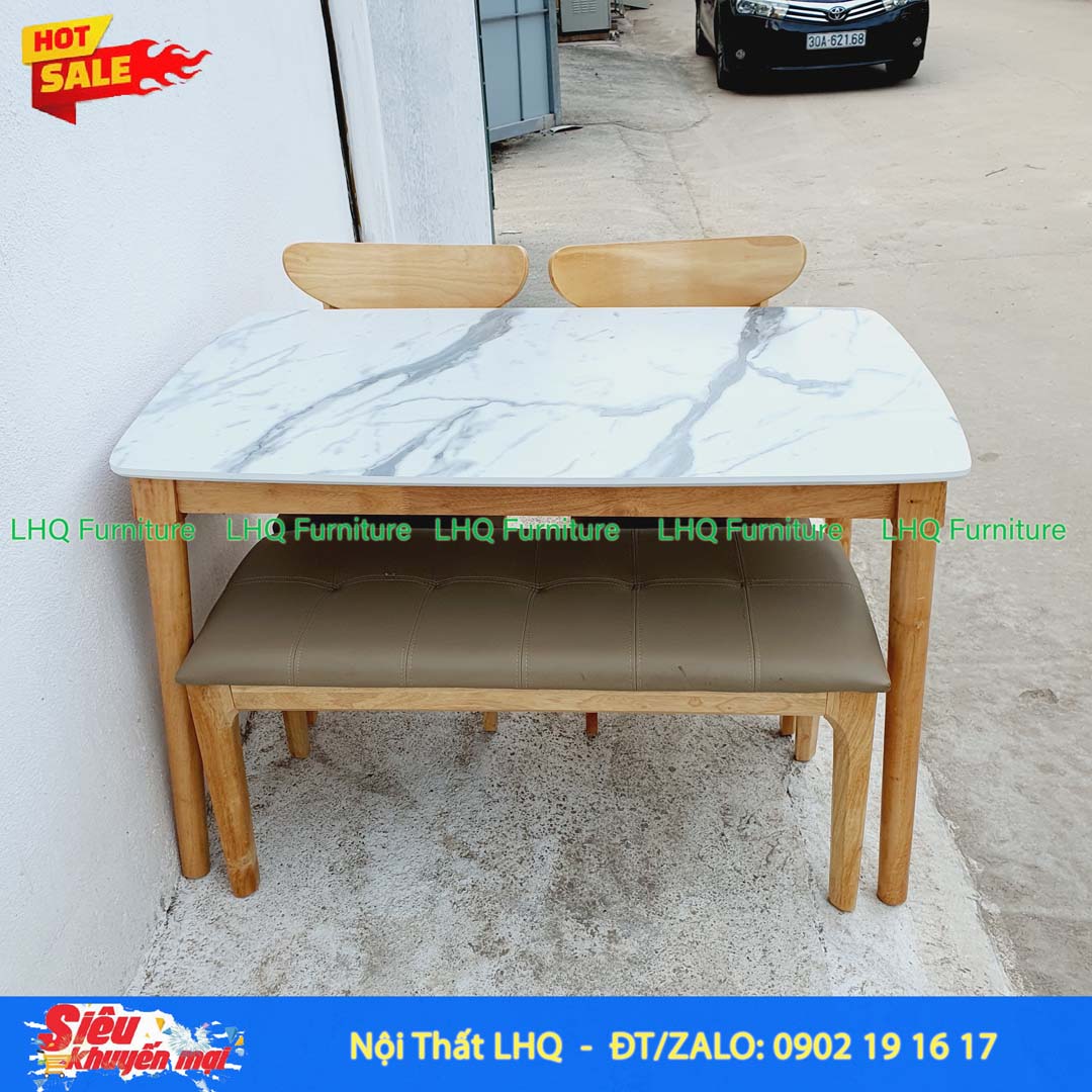 Bộ Bàn 1m2 Giả Đá 2 Ghế Panda + 1 Bench Mặt Nệm