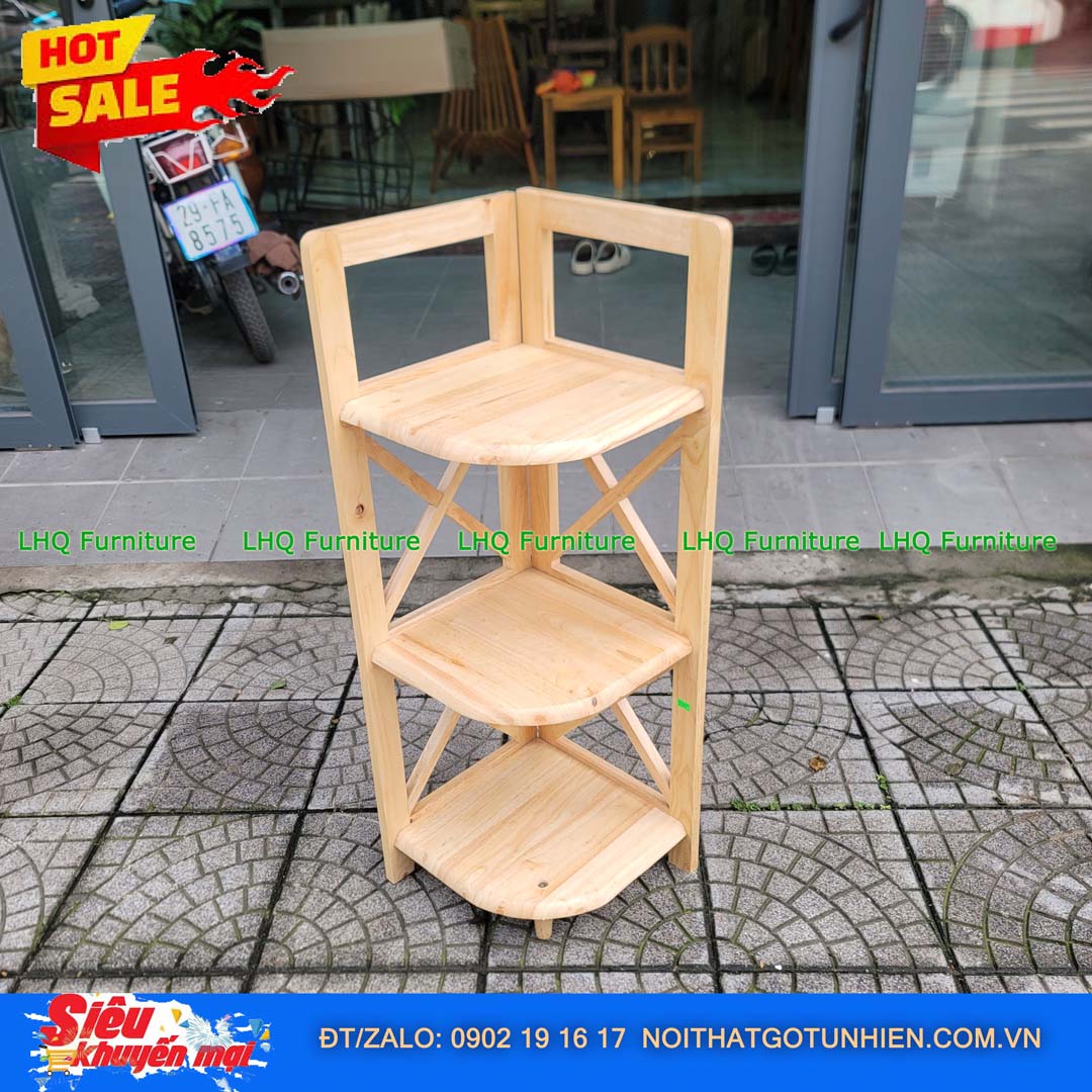 Kệ góc chữ X 3 tầng gỗ cao su tự nhiên 32x45x92cm