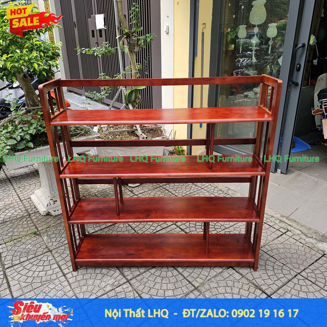 Kệ Sách Gỗ 4 Tầng Rộng 1m2 – Kệ Gỗ Cao Su Tự Nhiên Chắc Chắn, Chịu Lực Tốt
