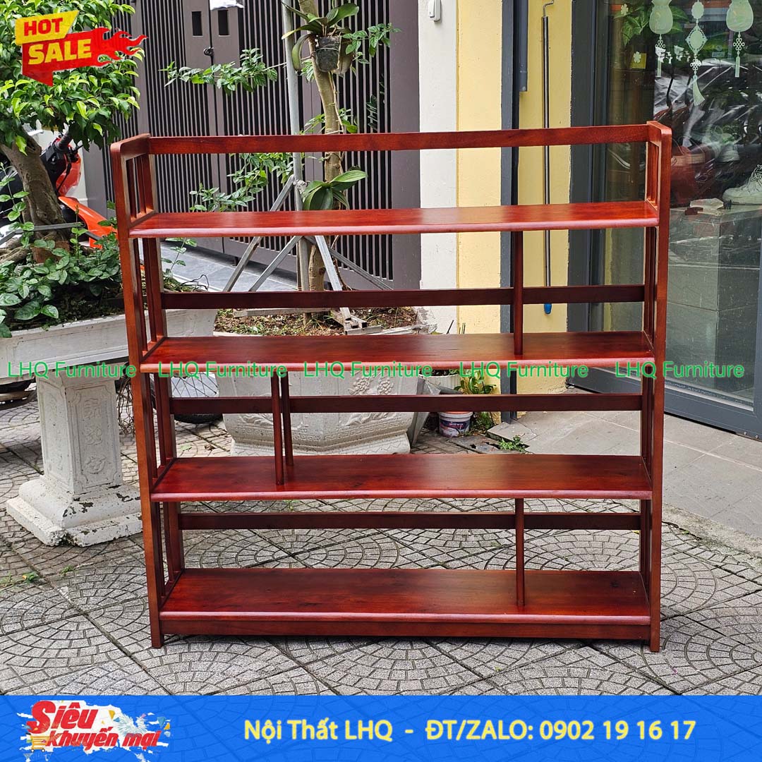 Kệ Sách Gỗ 4 Tầng Rộng 1m2 – Kệ Gỗ Cao Su Tự Nhiên Chắc Chắn, Chịu Lực Tốt