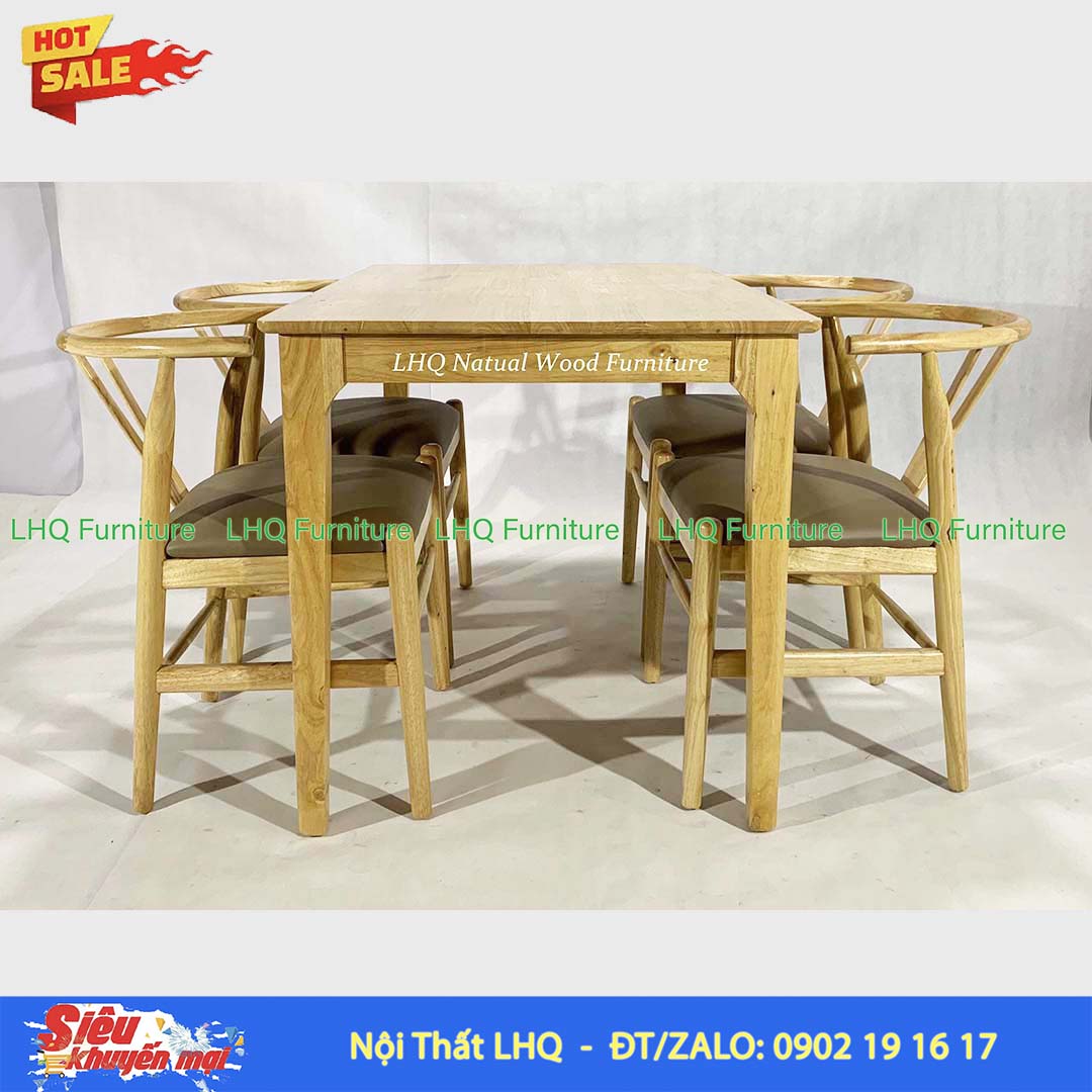 Bộ bàn ghế ăn Wishbone 4 ghế gỗ cao su tự nhiên