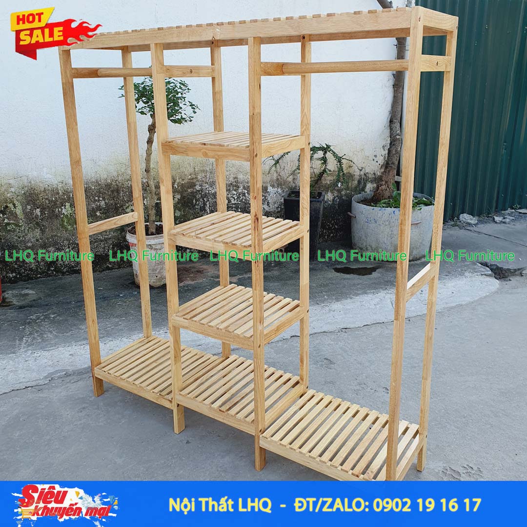 Kệ Treo Quần Áo 3 Buồng Gỗ Cao Su 1m5 | Nội Thất LHQ