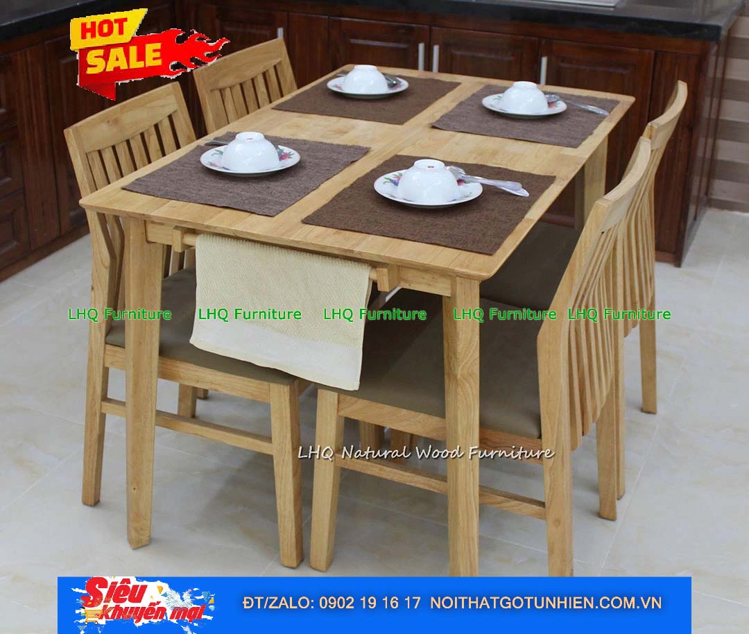 Bộ Bàn Ghế Ăn Bingo 4 Ghế Gỗ Cao Su Tự Nhiên
