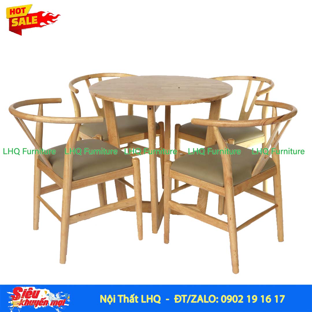Bộ bàn ghế ăn Wishbone 4 ghế gỗ cao su tự nhiên