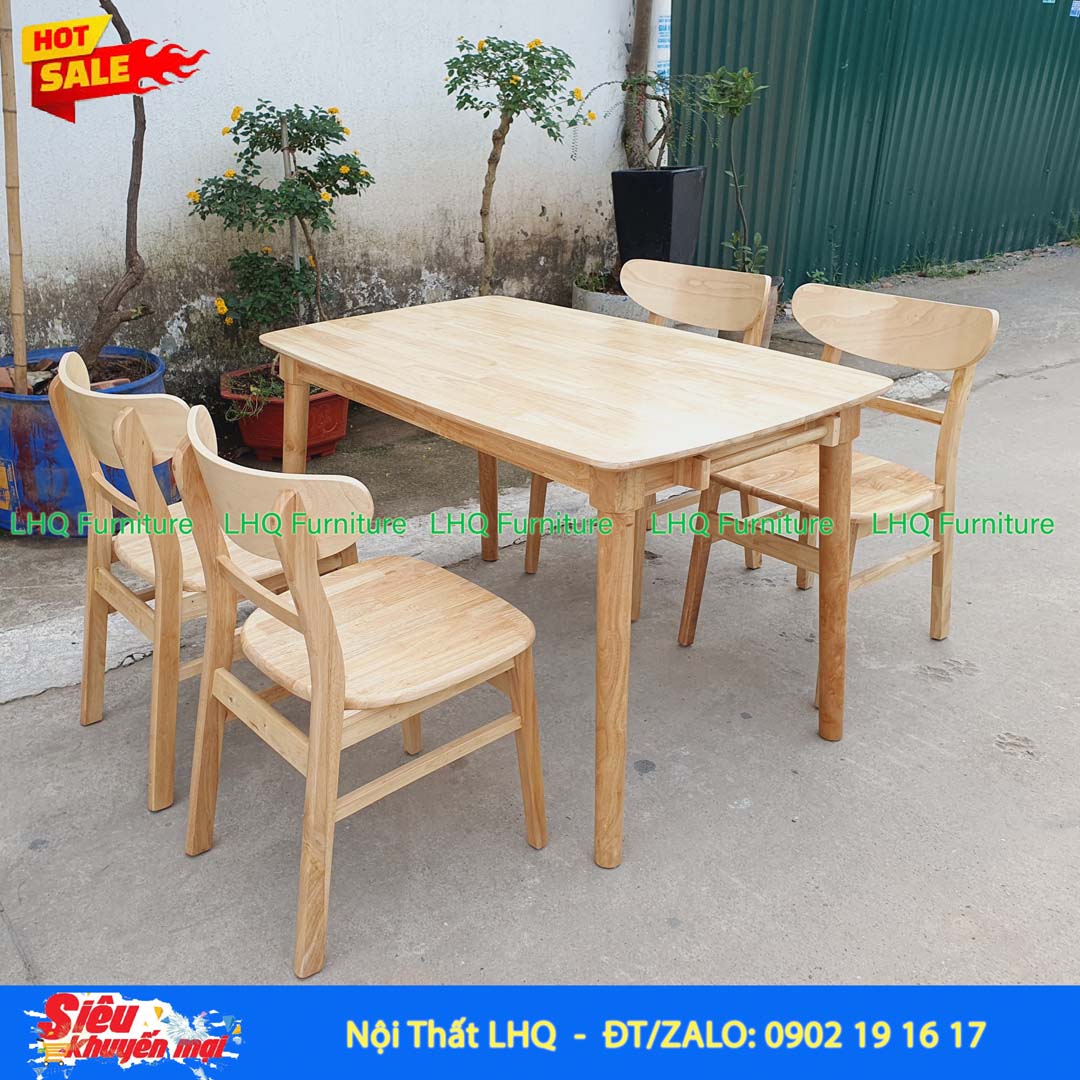 Bộ bàn ăn gỗ 1m2 4 ghế Mango mặt gỗ – Tự nhiên, Walnut