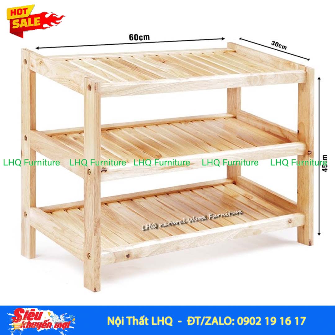 Kệ Để Giày Dép Gỗ 3 Tầng Rộng 62cm Gỗ Cao Su | Nội Thất LHQ