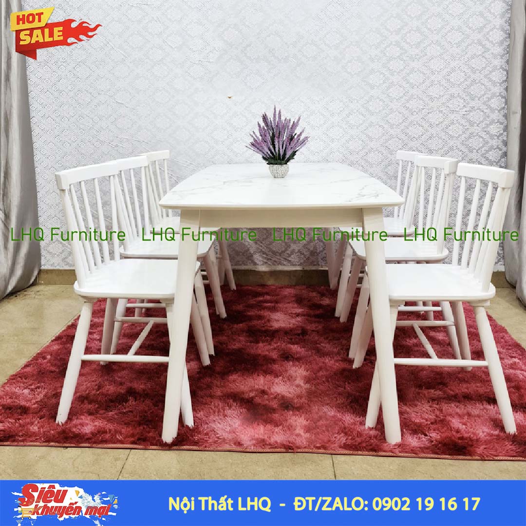 Bộ bàn ghế 7 nan bàn mặt gỗ 1m6 – Gỗ cao su tự nhiên