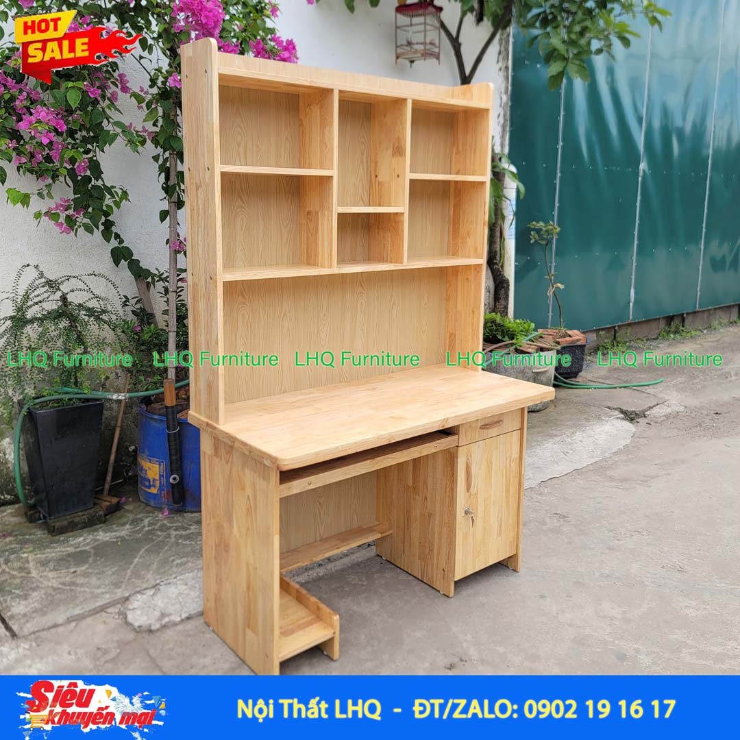 Bàn Học Có Giá Sách 1m2 Gỗ 1,8 | Gỗ Cao Su Tự Nhiên Cao Cấp
