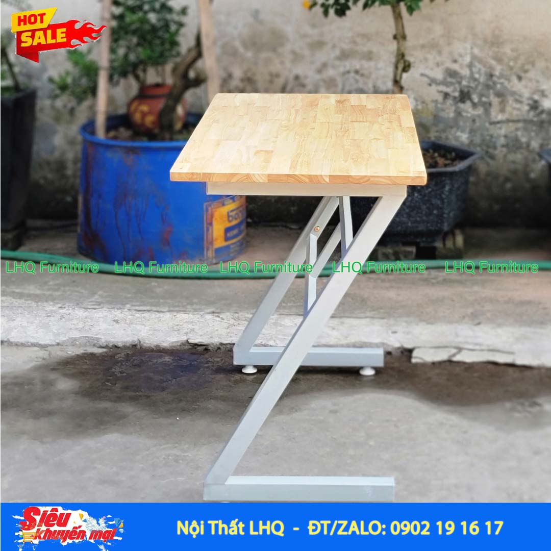 Bàn học khung sắt chữ Z gỗ cao su tự nhiên 1m – 1m2