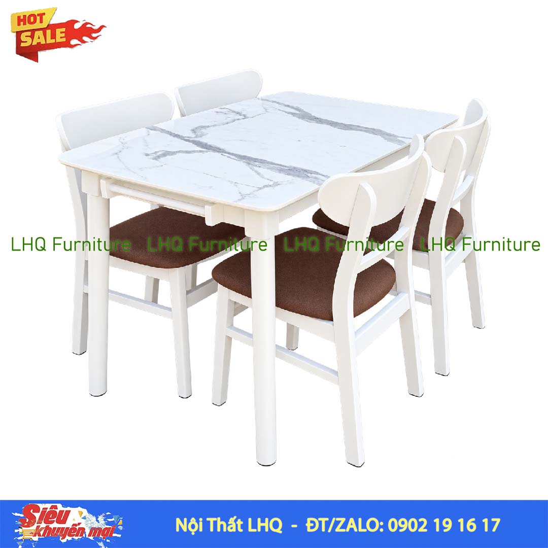 Bộ bàn ăn 1m2 giả đá 4 ghế Mango nệm – Gỗ cao su tự nhiên