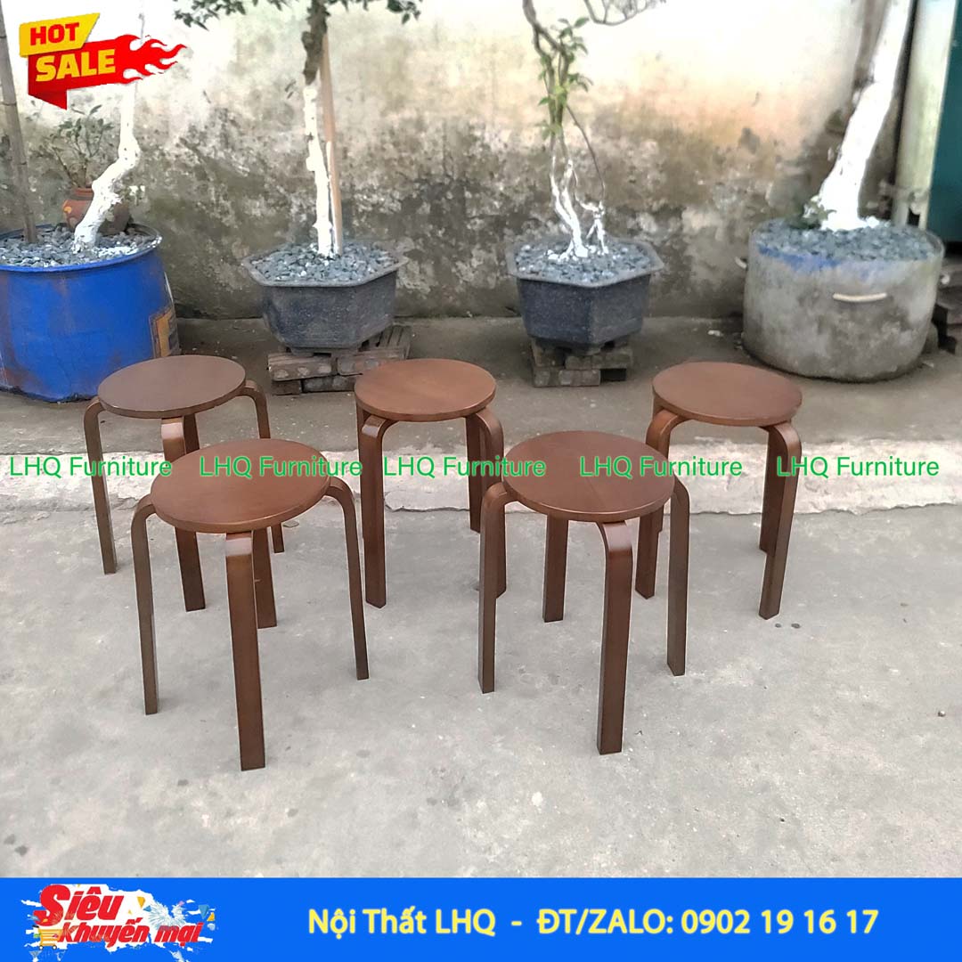 Ghế Đôn Tròn Chân Cong Gỗ Cao Su | Nội Thất LHQ