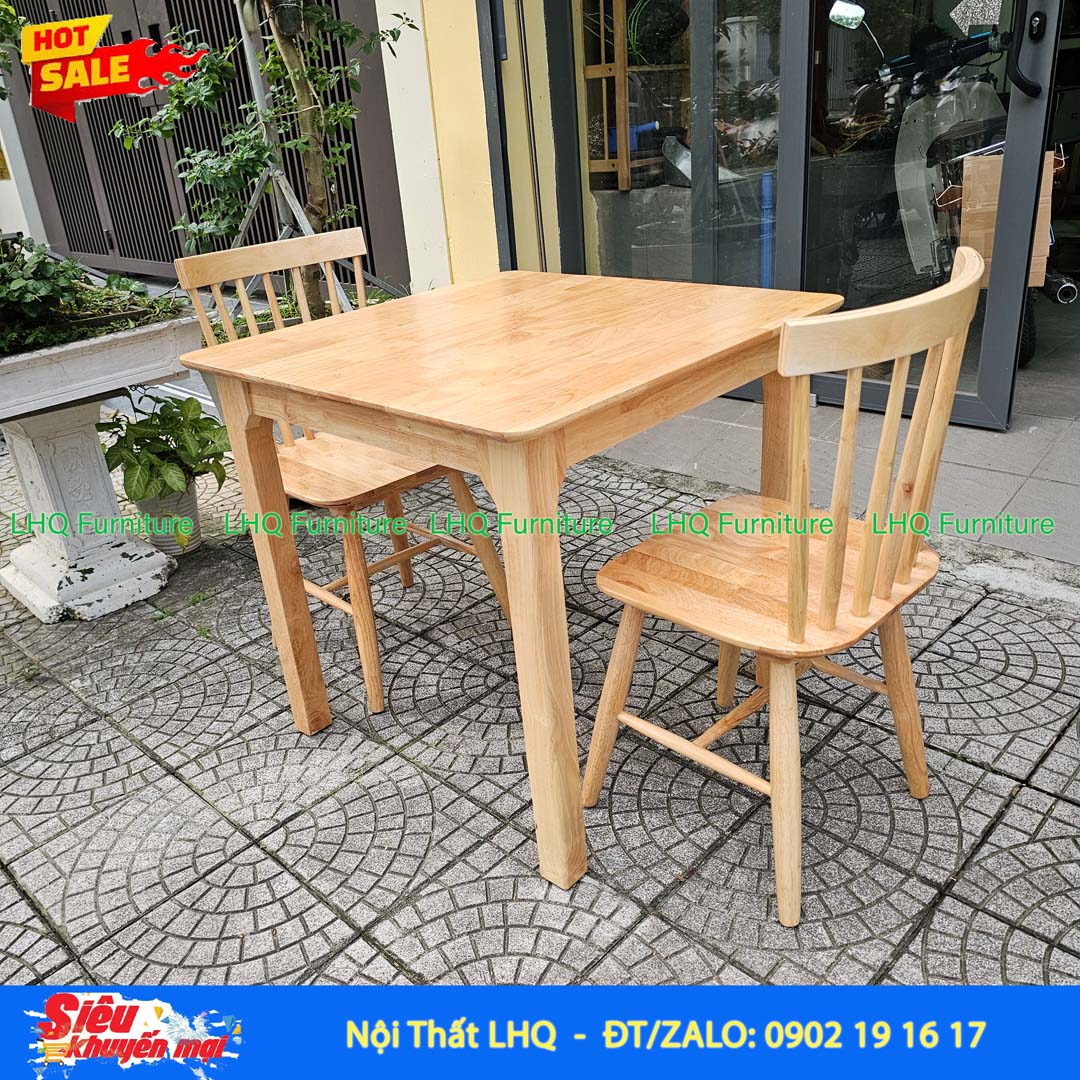 Bộ Bàn Ăn 2 Ghế Song Tiện 7 Nan Gỗ Cao Su – Bàn Vuông 80cm