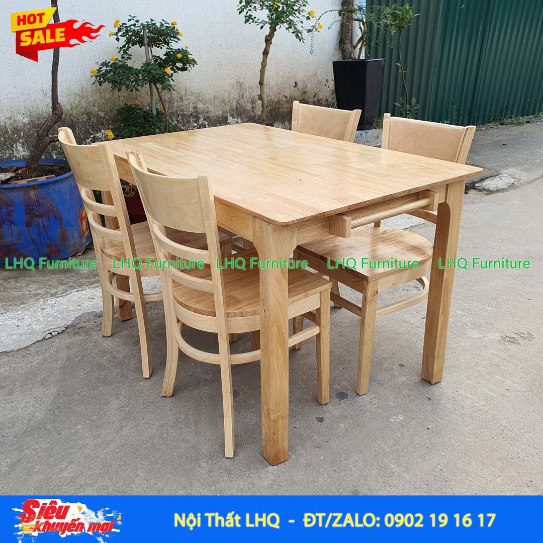 Bộ bàn ăn 4 ghế Cabin ghế mặt gỗ – Bàn gỗ cao su tự nhiên