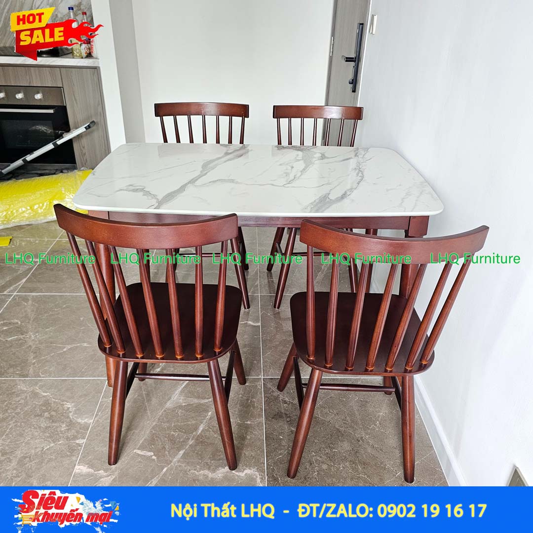 Bộ bàn ăn 4 ghế 7 nan mặt giả đá 1m2 – 3 màu lựa chọn